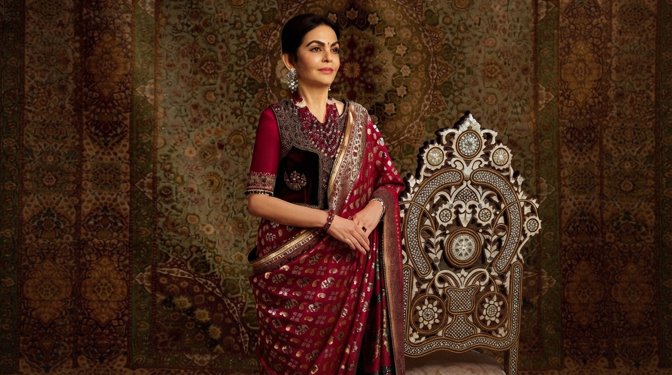 Editorial illustration for Ashavali Saris: Ahmedabad's Silk-and-Zari Brocade, From Graph Paper to Pit Loom